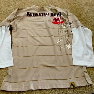 NWOT Boy’s long sleeve shirt. Beige/white Label says sz28/XL but fits like sz 14